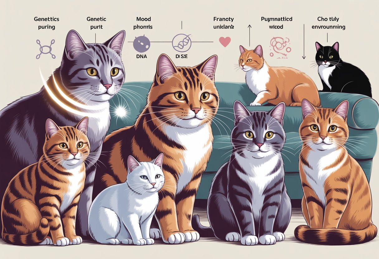Several cats in a cozy room showing different levels of purring, with glowing vibrations near some cats' throats and a faint scientific diagram in the background.