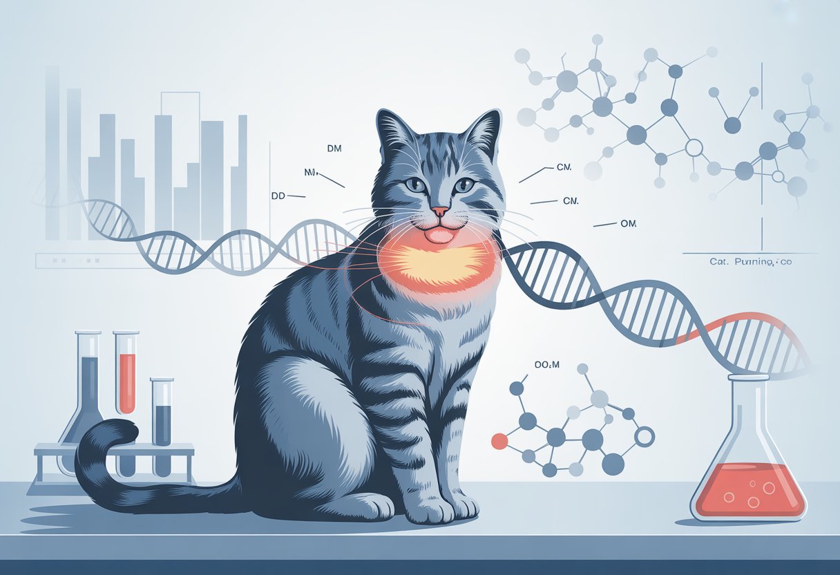 A domestic cat sitting on a lab table surrounded by floating DNA strands and genetic symbols, with charts and molecular structures in the background.