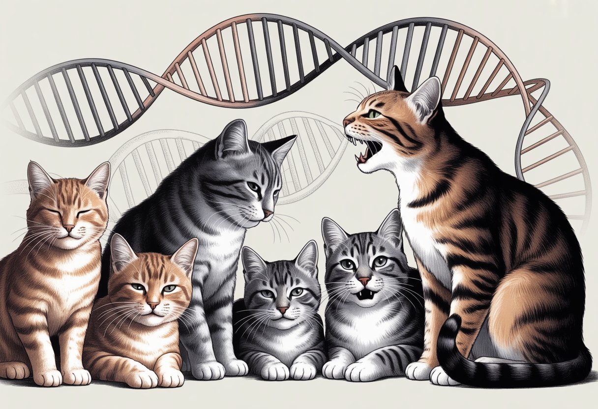 Several cats showing different vocal behaviors with a DNA strand and anatomical outlines of vocal cords in the background.